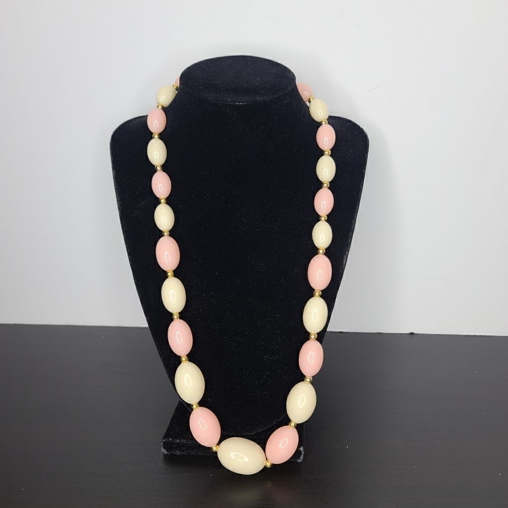 Vintage Beaded Pink Cream & gold necklace